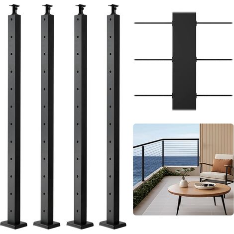 Poteau Garde Corps, Lot de 4, Poteau Rampe d'Escalier à Câble 1067x25,4x50,8 mm Trou Horizontal Pré-percé Support Horizontal Incurvé, pour Main Courante, Balustrade, Noir, 4JZLGZXHS106REP67001V0 (1/5)