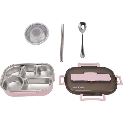 Boîte à lunch isotherme en acier inoxydable avec bol à soupe, baguettes et cuillère, rose, pour adultes et enfants. (1/5)