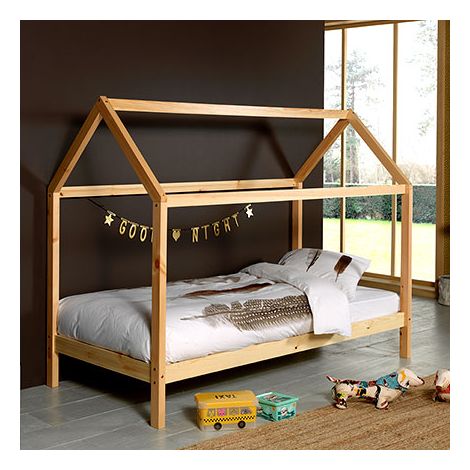 Lit cabane 90x200 cm avec matelas en pin naturel - STANY