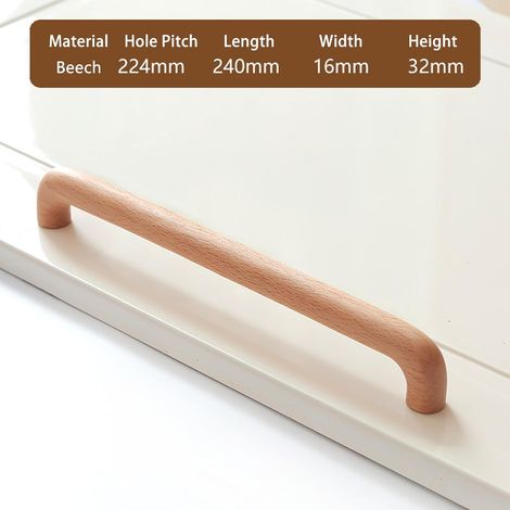 Poignées D'armoire en Bois de Hêtre Massif de Couleur Bois Original pour Armoire Porte Tiroir Armoire Poignée de Porte (2pcs, 224mm)