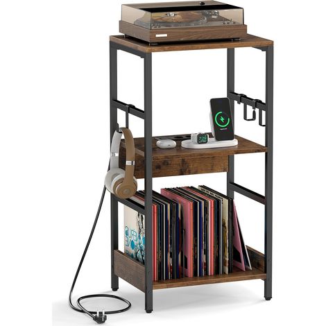 COSTWAY Meuble Platine Vinyle avec Prise, Rangement Platine Vinyle avec 2 Séparateurs, 3 Crochets, Cadre en Métal, Support Tourne-Disque pour CD DVD Manga, Meuble HiFi Vinage pour Salon, Chambre (1/5)