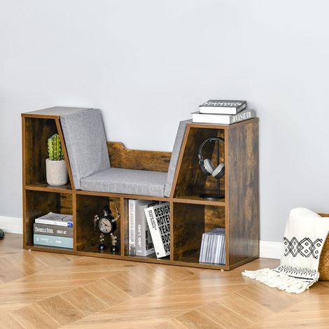 2-in-1-Bücherregal mit Sitzbank und Sitzkissen, 6 offene Würfelfächer, 102 x 30 x 61 cm, rustikales Braun