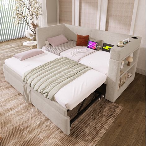 Sofá cama nido 90x200 cm beige en mezcla de algodón y lino con puertos USB-C y portabebidas (1/5)