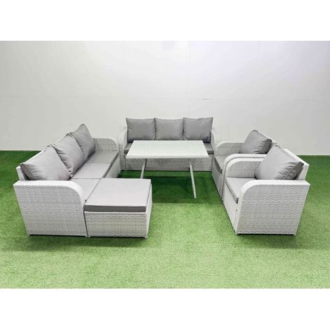 Fimous Rattan High Back Lounge Sofa Set Patio Dining Table & Chairs Set with 3 Seater Sofa 2 Reclining Chairs Big Stool Light Grey (1/4)