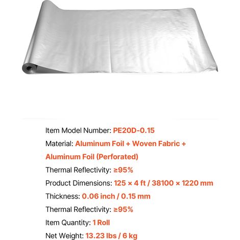 Rouleau d'isolation, Barrière thermique réfléchissante, Tissu tissé perforé, 125ft typeA (1/2)
