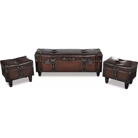Banquette coffre capitonnée avec poufs similicuir marron Pouly - Lot de 3 (1/4)