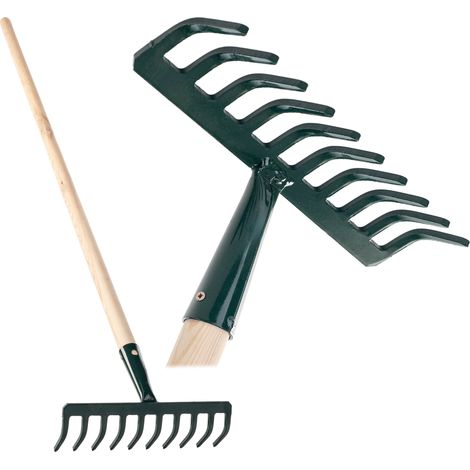 KADAX Rechen aus Metall, flache Harke mit Stiel aus Holz, 10 Zinken