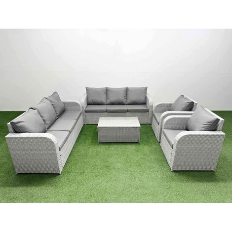 Fimous PE Rattan High Back Lounge Sofa Set Patio Coffee Table & Chairs Set with 3 Seater Sofa Reclining Chair Light Grey (1/4)