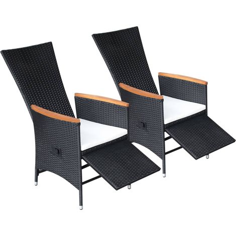 Chaise inclinable de jardin Chaise d'extérieur 2pc et coussins Résine tressée Noir (1/5)