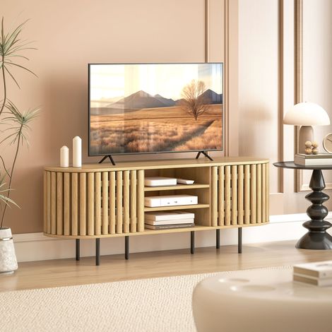 Mobile porta TV, mobile per TV da 60 pollici, 2 ante a persiana, 140x40x52 cm, legno naturale