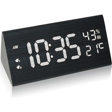 Réveil numérique avec grand écran LED, horloge de table en bois, 3 niveaux de luminosité, 3 alarmes, alimentation USB (1/4)