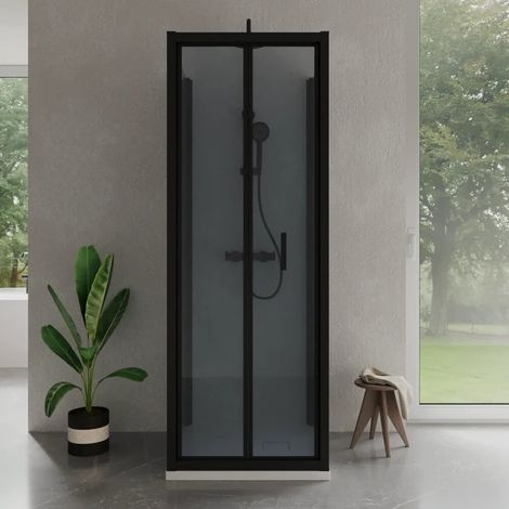 Cabine de douche trois côtés 70x90x70cm avec porte pliante profilés noir mat et verre fumé 6mm h185 Madagascar (1/4)