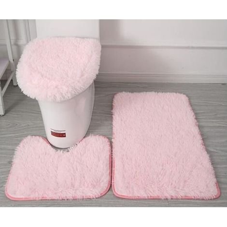 Tapis contour WC　Lot de 3 tapis de salle de bain doux en microfibre - Antidérapants - Avec revers clouté en flanelle PVC - Tapis de bain + tapis contour WC + housse pour abattant - Rose (1/5)