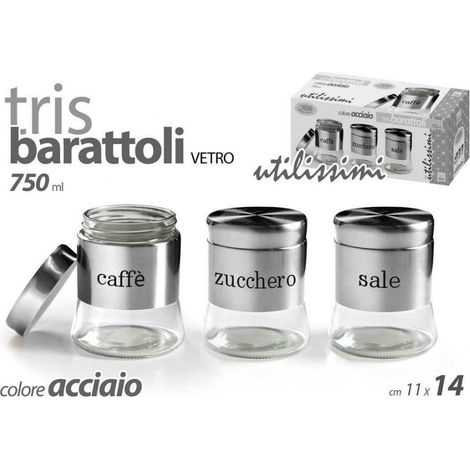 Trade Shop - Trio De Tarros 750ml 11x14cm Cristal Sal Azúcar Café 772016 Acero - (1/2)