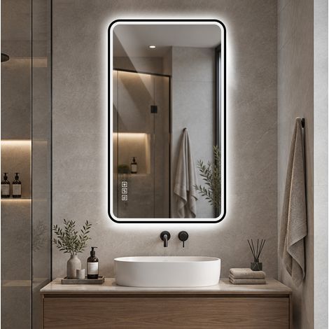 Espejo LED de baño 100 x 60 cm negro, antivaho, regulable OKMYHOME (1/5)
