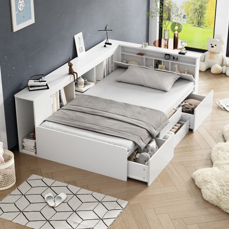 Lit simple 90x200 avec rangements et étagères blanc HAVRYA (1/5)