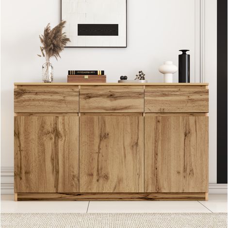 Aparador 135/40/81 cm efecto madera con 3 puertas, 3 cajones y estantes regulables (1/5)