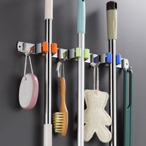 Porte Balai Mural Accroche Balai En Acier Inoxydable, Support Cintre De Rangement Pour Cuisine, Buanderie -3 Clips Et 4 Crochets-Ywey (1/4)