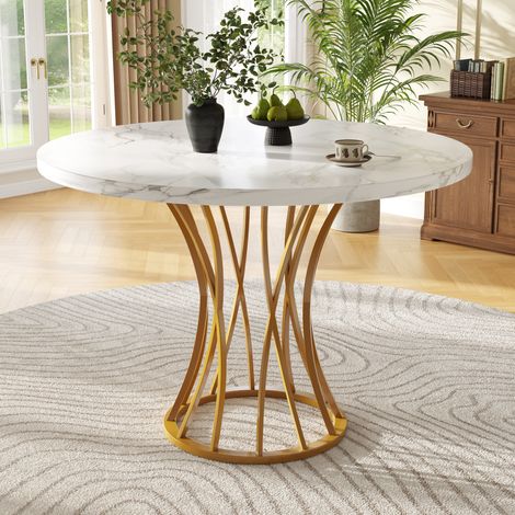 Runder Esstisch (80 x 80 x 76 cm), leichter und luxuriöser runder Tisch für 4-6 Personen, geeignet für Esszimmer und Wohnzimmer, MDF marmorierte Tischplatte, goldene Beine (1/5)