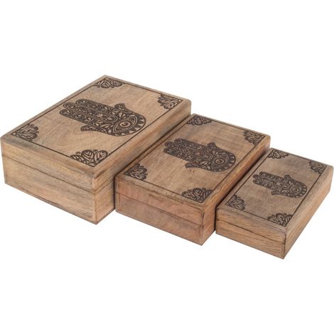 Set di 3 scatole decorative marroni etniche Mano di Fatima