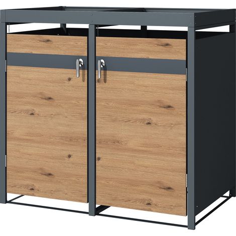 ML-Design Mülltonnenbox 2er mit Pflanzdach für 2 Tonnen, 240L 132x80x124 cm Holzoptik, Stahl, wetterfest, Abschließbare Mülltonnenverkleidung mit Tür, Müllbox Mülltonnecontainer Mülltonnenabdeckung