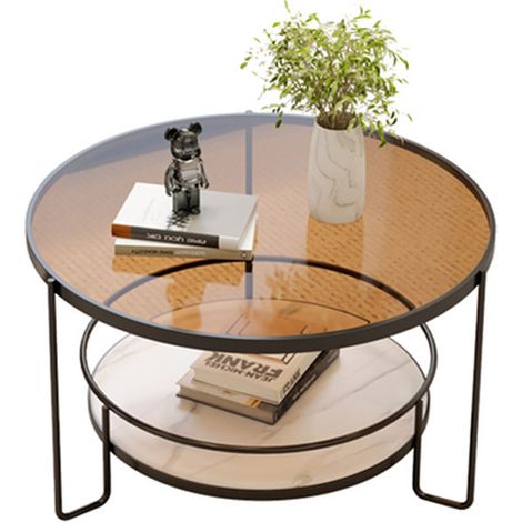 Couchtisch Rund, Moderner Glas Sofatisch Metallgestell - Schwarz
