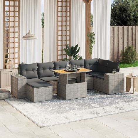 Ensemble canapé jardin 8 places modulable résine tressée gris  Table extensible acacia  7 coussins amovibles (1/3)