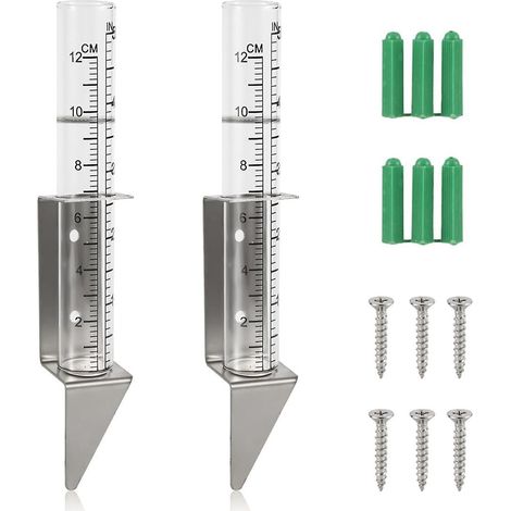 Lot de 2 pluviomètres d'extérieur, pluviomètre en verre de 12,7 cm (5 pouces) avec support 2 en 1 en acier inoxydable et piquet de fixation. (1/5)