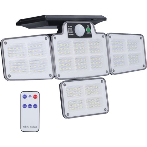 Projecteur solaire LED extérieur 4 têtes réglable avec détecteur de mouvement, lampe de jardin, mur, cour, garage, maison, avec batterie intégrée et télécommande, 228 LED (1/5)