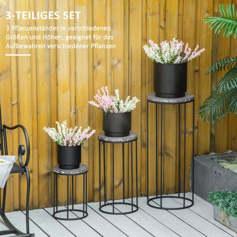 Lot de 3 présentoirs à plantes en métal, supports floraux effet marbre, empilables, noir et gris (1/4)