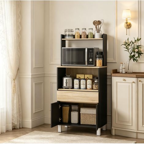 Mobile per microonde 60x40x131 cm in pannelli di legno nero con contenitore FloraGrace (1/5)