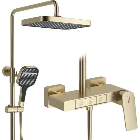 Colonne de Douche Dorée Brossé, BSS0338 Moderne Ensemble de Douche, Touches de Piano, 30x20cm Pomme de Douche, Système de Douche en Laiton 59A avec Robinet de Baignoire, Hauteur Réglable (Or Brossé) (1/5)