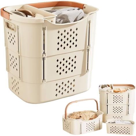 Panier à linge pliable et résistant, avec compartiment de séparation, pour un rangement optimal et une organisation efficace, beige. (1/4)