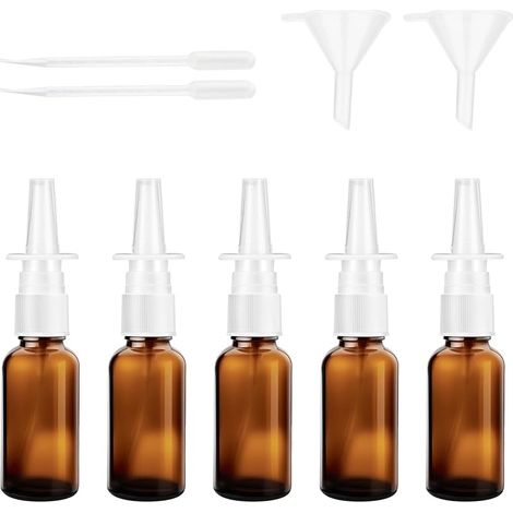 Lot de 5 flacons de pulvérisation nasale vides en verre de 30 ml, rechargeables, avec pipettes à entonnoir pour solution saline, parfum ou huile essentielle. (1/5)