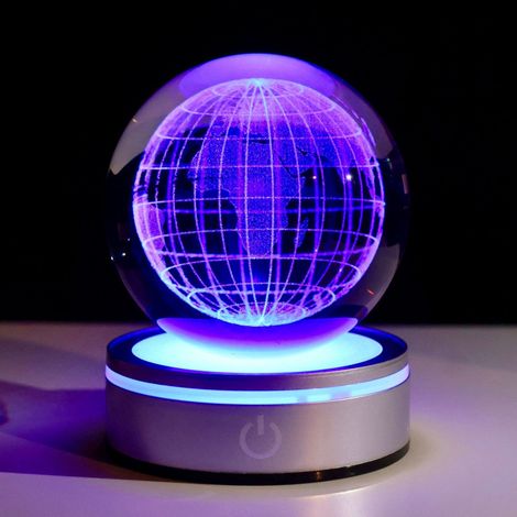 Boule De Cristal 3D - Globe Terrestre Lumineux - Décoration Intérieure Et Veilleuse - 8 Cm - Base Carrée En Argent (1/4)