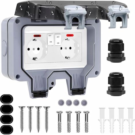 Double Prise Exterieure Etanche IP66 avec Couvercle, Interrupteur Prise Etanche Exterieur avec Voyant Lumineux, pour Jardin, Garage, Piscine Cuisine, Salle de Bain, Pièce Humide Extérieur (1/5)