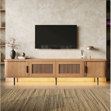 Mueble TV (180x40x44.5 cm), con esquinas redondeadas, 2 cajones, puertas correderas, LED APP, MDF y PB, natural (1/5)