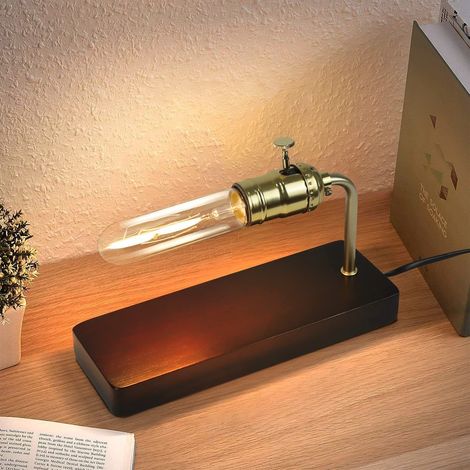 GBLY Büro- und Wohnzimmerlampe, moderne Nachttischlampe - schwarze Holzbürolampe mit E27-Sockel, goldenes retroides Design, Metallnachttischlampe für Schlafzimmer mit Glühbirne für Bett, Büro, Hotel