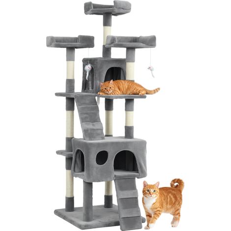 PawHut árbol rascador para gatos, árbol para gatos 153 cm, torre escalador con 2 cuevas, 3 camas, 2 rampas, postes de sisal, 2 ratones colgantes, gris