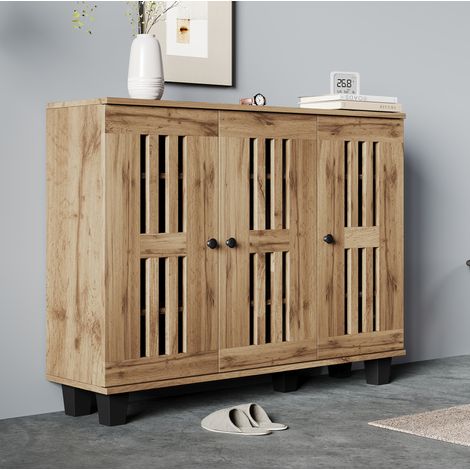 Mobile contenitore 120 x 32 x 92 cm con 3 ante, 8 scomparti, effetto legno naturale HAVRYA (1/4)