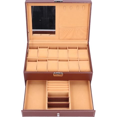 Doppellagige Schmuckaufbewahrungsbox, Organizer aus PU-Leder für Halsketten und Uhren, mit Schlüssel (1/5)