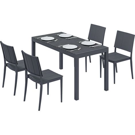 Ensemble de mobilier de jardin, salon de jardin 5 pièces, grande table avec 4 chaises empilables, plateau à lattes pour 4 personnes, gris foncé (1/5)