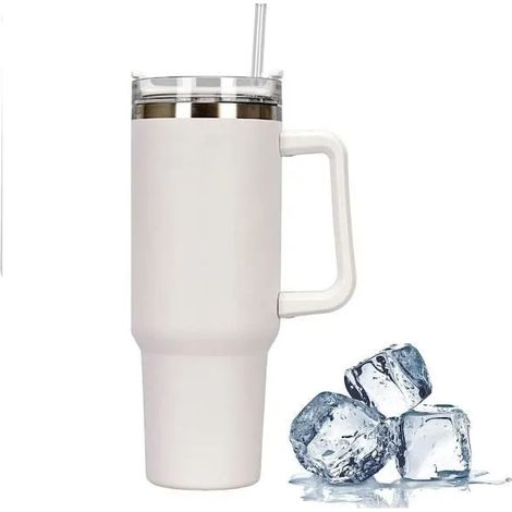 Gobelet Isotherme, Mug Isotherme en Acier Inoxydable, Gobelet avec Poignée et Couvercle en Paille, 1170ML Tasse de Voyage - Blanc (1/4)