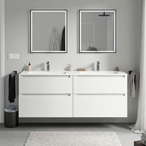 BERNSTEIN - Mueble lavabo doble suspendido MDF blanco mate, lavabos + orificios grifería fundición blanca mate, caj. giratorios 160x46x62cm VIREO blanco mate, Blanco mate con orificio para grifo.