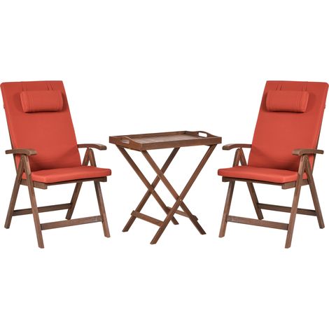 Conjunto de balcón rústico de acacia maciza natural mesa y 2 sillas plegables con cojines rojos Amantea Premium