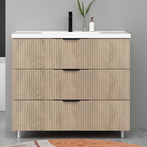 Meuble de salle de bain suspendu Strié 100cm avec poignées + simple vasque + 3 tiroirs, Chêne
