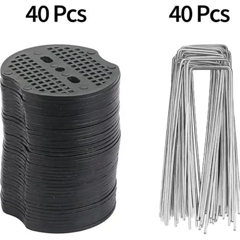 (80 pièces) Piquets de jardin en forme de U avec rondelles de protection pour fixer les filets anti-mauvaises herbes et accessoires de jardinage. (1/4)