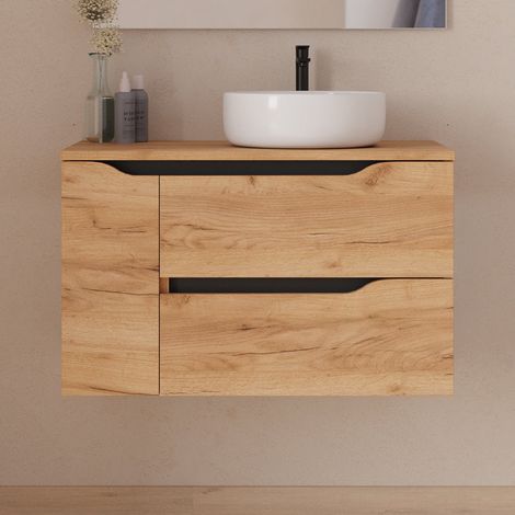 Meuble de salle de bain 80cm avec plateau et vasque à poser déportée à droite Ares - sans miroir - 2 tiroirs et un placard - roble (chêne clair) - ZARZA