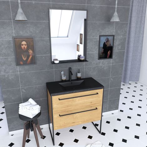 Mobile bagno 80x50 – cassetti rovere scuro – lavabo nera effetto pietra – specchio