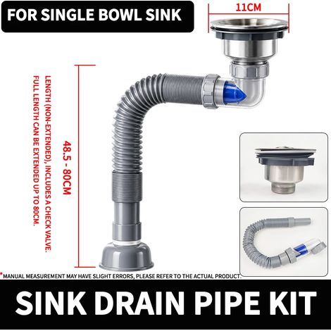 (Sink Drain Pipe Kit)Sink Drain Strainer Set with Retractable Hose Anti-Clog Deodorizing Easy-Remove Waste Pipe for Single Bowl Kitchen and Mop Sink (1/4)